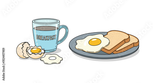 Simple cartoon illustration of a breakfast with fried eggs, toast, and coffee