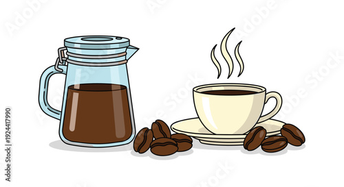 Hot coffee in a cup with a carafe and beans, a morning beverage for energy and warmth