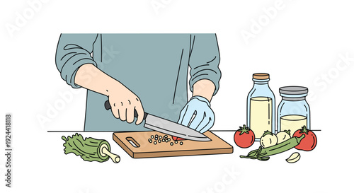 Person wearing gloves chopping vegetables on a cutting board with a knife, preparing food