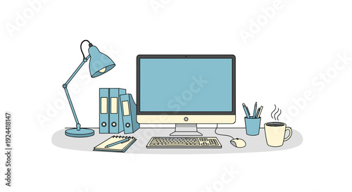 Clean desk setup with computer, lamp, notebook, and coffee for productive work