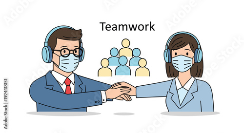 Business colleagues in masks and headphones fist bumping to show teamwork and collaboration