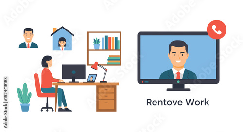 Woman working remotely on computer, video call with colleague on screen