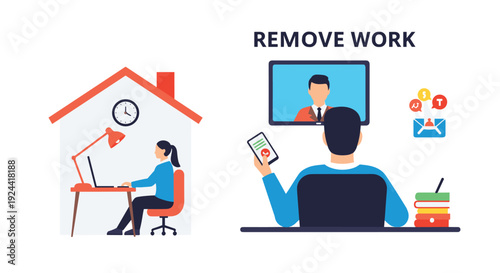 Remote work concept: people working from home and communicating online