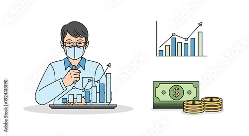 Man in mask analyzing financial growth charts and money, representing economic recovery