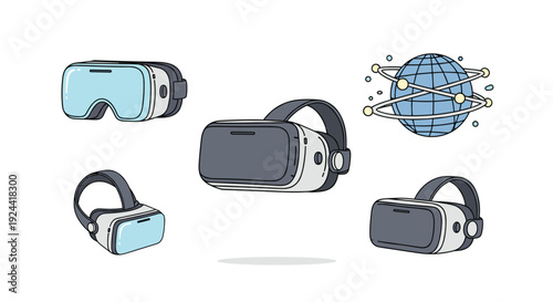 Collection of virtual reality headsets and a globe with network connections, cartoon style