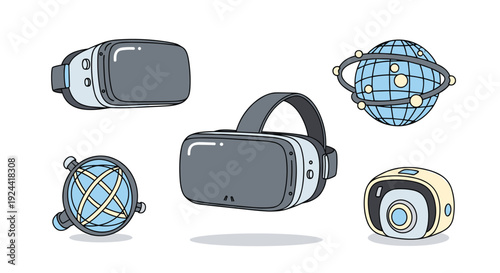 Collection of virtual reality headsets and futuristic globes in a cartoon style
