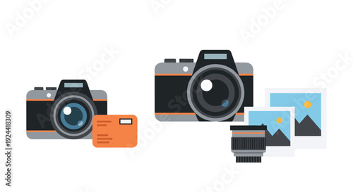 Digital cameras and photography equipment with printed photos and a credit card