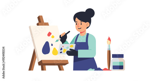 Artist painting on canvas with colorful palette and brushes, creative process illustration