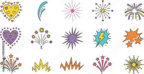 Colorful fireworks and sparkles doodle collection with hearts stars lightning bursts, festive celebration vector illustration set