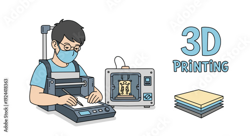 Young person wearing a mask and glasses operates a 3D printer and designs on a tablet