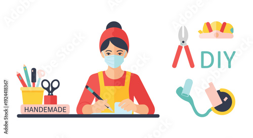 Person wearing a mask and apron, engaged in handmade crafts with art supplies and DIY tools