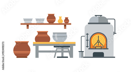 Pottery studio scene with kiln, workbench, and ceramic vessels on shelves