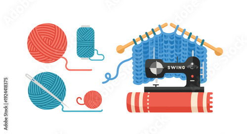 Crafting and sewing supplies arranged creatively with yarn, needles, and a sewing machine