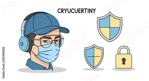 Man wearing face mask, headphones, and glasses with security icons and text