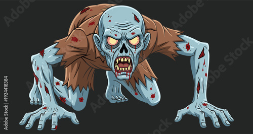 Creepy crawling zombie monster with glowing eyes and bloody wounds, scary horror undead vector illustration isolated on dark background