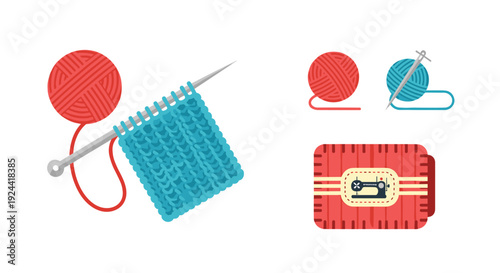 Knitting and sewing supplies with yarn balls, needles, and a sewing machine icon