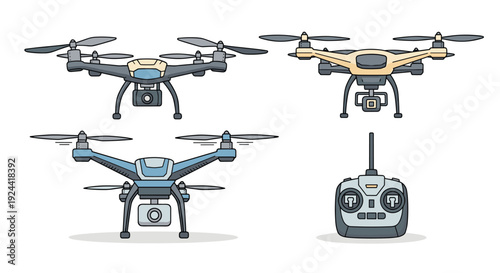 Collection of three different drones and a remote control, illustrated in a flat design style