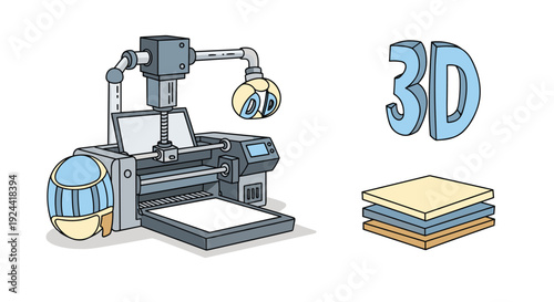 Cartoon 3D printer with layered material stack and 3D text illustration
