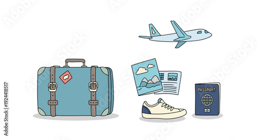 Travel essentials laid out: suitcase, passport, airplane, shoes, and travel brochures for vacation planning
