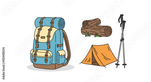 Illustration of camping gear including a backpack, tent, logs, and trekking poles