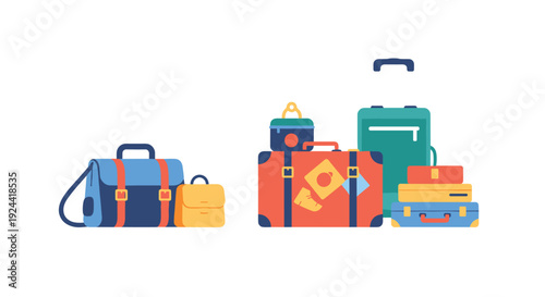 Collection of colorful travel bags and suitcases arranged for a journey