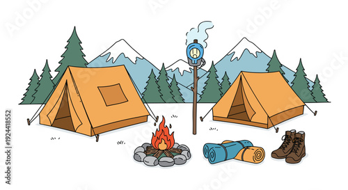 Cozy campsite scene with tents, campfire, sleeping bags, and boots in a mountain forest setting