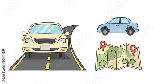 Cartoon car on road with map and location pins, representing travel and navigation