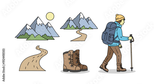 Cartoon hiker with backpack and poles, mountains, path, and boots for outdoor adventure