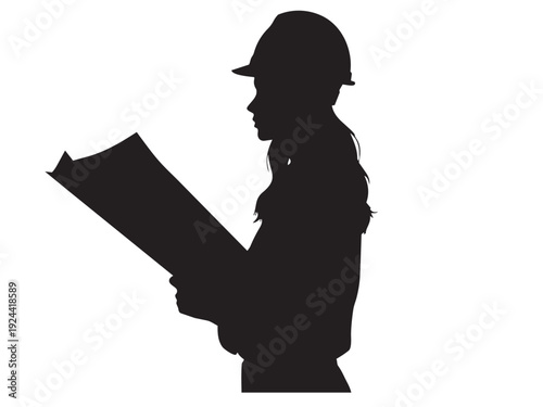 Editable Engineer Checking Blueprint Silhouette Vector File