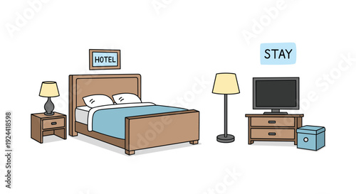 Cozy hotel room illustration with a bed, nightstand, lamps, and television
