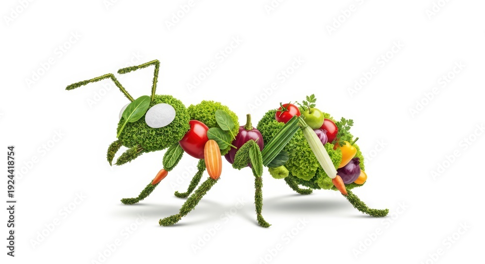 Fototapeta premium Ant made of vegetables and fruits on white background