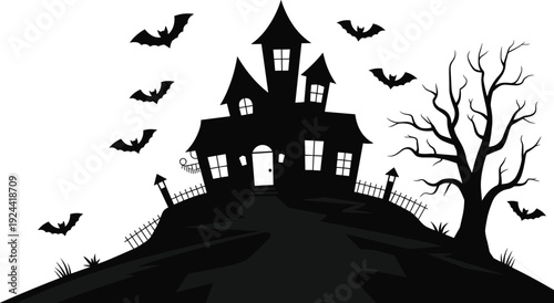Haunted house silhouette on dark hill with bats and spooky tree, Halloween horror background illustration for scary night design