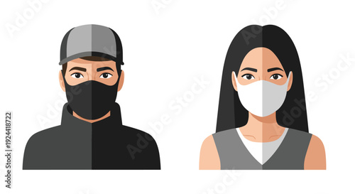 Man and woman wearing face masks for protection against virus or pollution