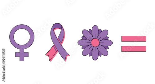Feminine symbol, awareness ribbon, flower, and equality sign in purple and pink