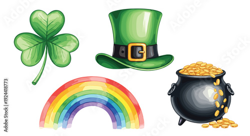 St. Patrick's Day symbols: shamrock, leprechaun hat, rainbow, and pot of gold