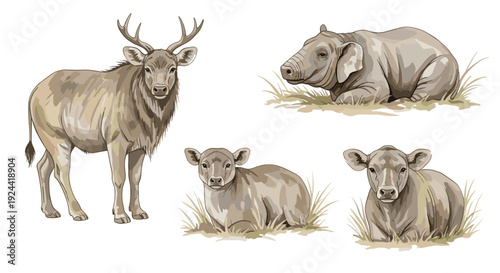 Collection of illustrated farm and wild animals including a deer, two calves, and a baby elephant resting