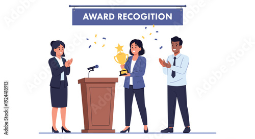 Successful businesswoman receives a golden trophy at an award recognition ceremony with confetti falling