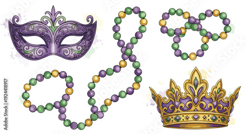 Mardi Gras mask, crown, and colorful beaded necklaces on a white background
