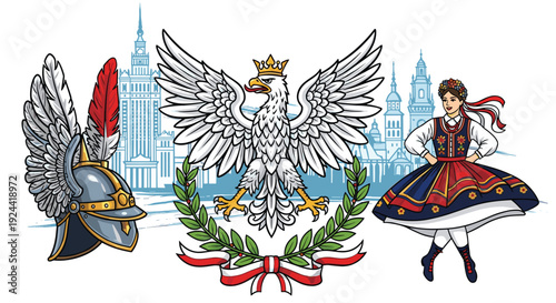 Polish national symbols: eagle, winged helmet, folk costume and cityscape