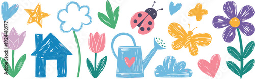 Cute hand drawn garden doodle set with flowers butterfly house watering can hearts, colorful vector illustration collection