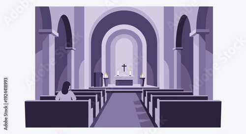 Interior view of a modern church with a lone woman sitting in the pews during a service