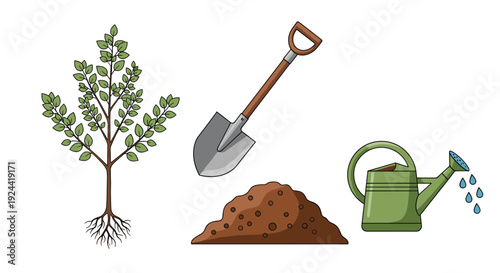 Gardening tools and a young tree with roots, soil, and watering can for planting