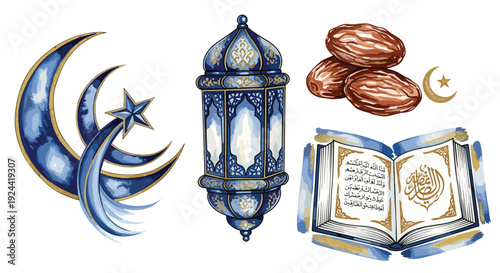 Ramadan Islamic symbols: crescent moon, lantern, dates, and Quran, watercolor style