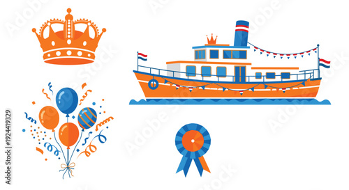 Dutch celebration elements: crown, boat, balloons, and ribbon on white background