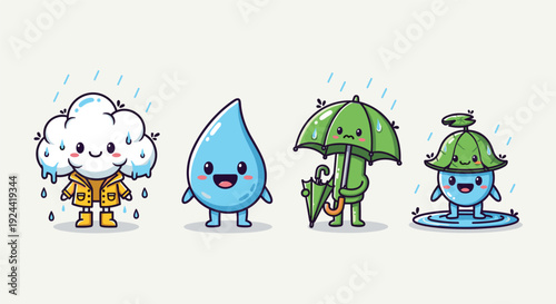 Cute cartoon cloud, water drop, and umbrella characters enjoying the rain