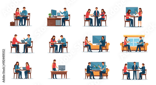 Diverse business people collaborating and working together in various office and cafe settings