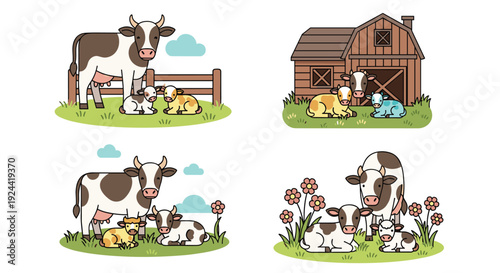 Cute cartoon cows and calves in various farm scenes with barns and fences