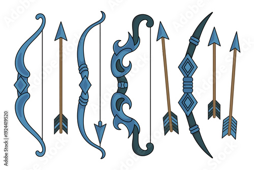 set of fantasy blue bows and arrows, a magic weapon collection perfect for video games, ornate elven archery equipment, and high rank titles.