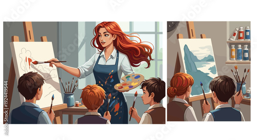 Art teacher guiding young students in a creative painting class at easels