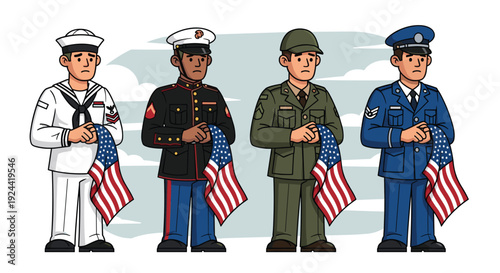 Diverse military service members in uniform holding American flags with solemn expressions